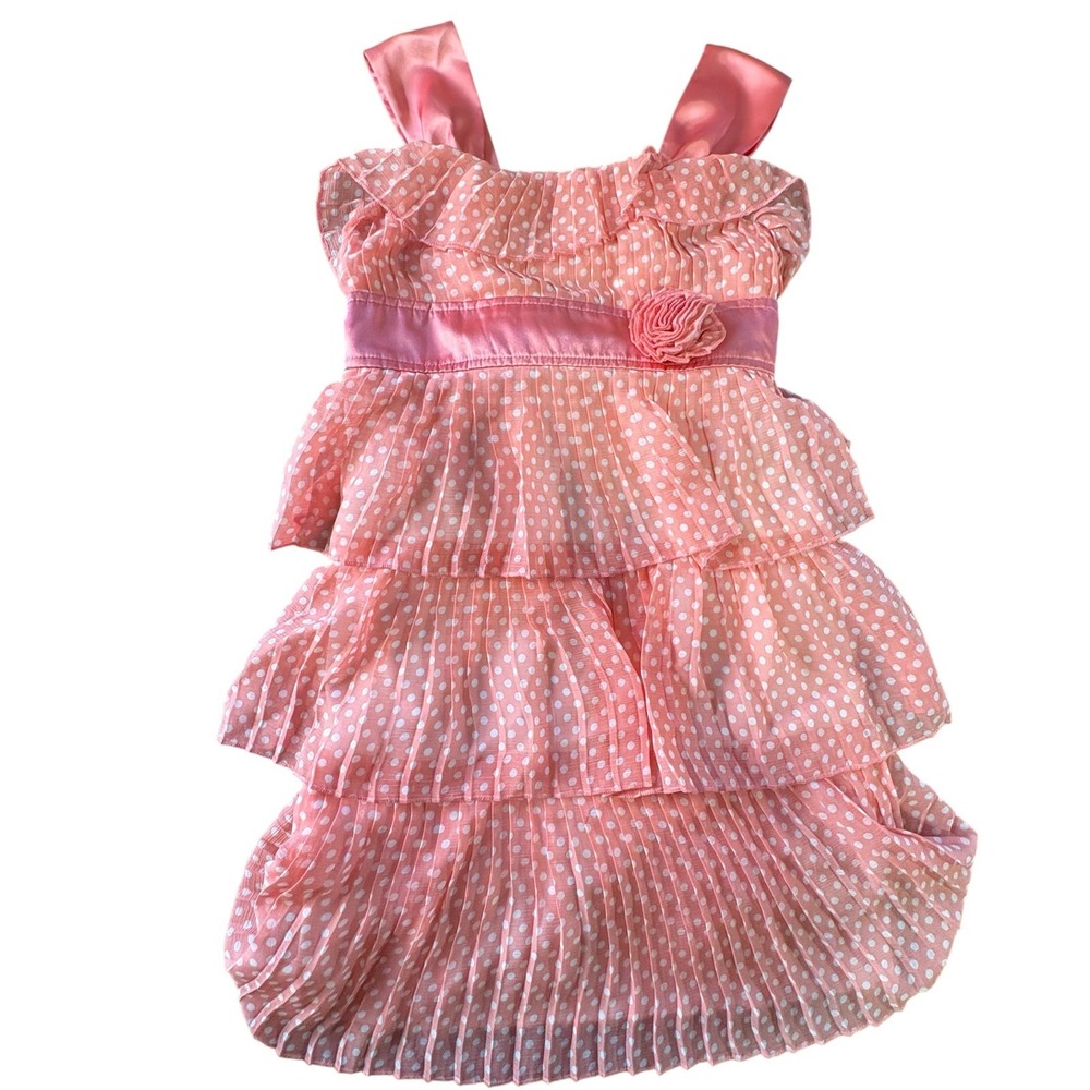 Candies Girl Coral Pink Polka Dot Tiered Pleated Dress Size S Rosette Accent